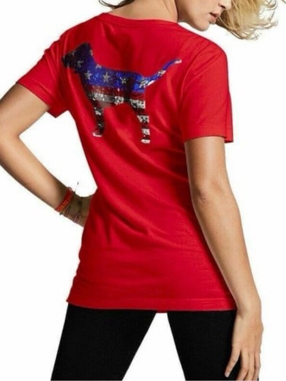 Victoria's Secret PINK Americana  dog  bling sequins logo Campus tee